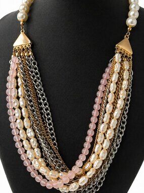 Vintage Multi Strand Pearl & Chain Necklace 50 cm European Statement